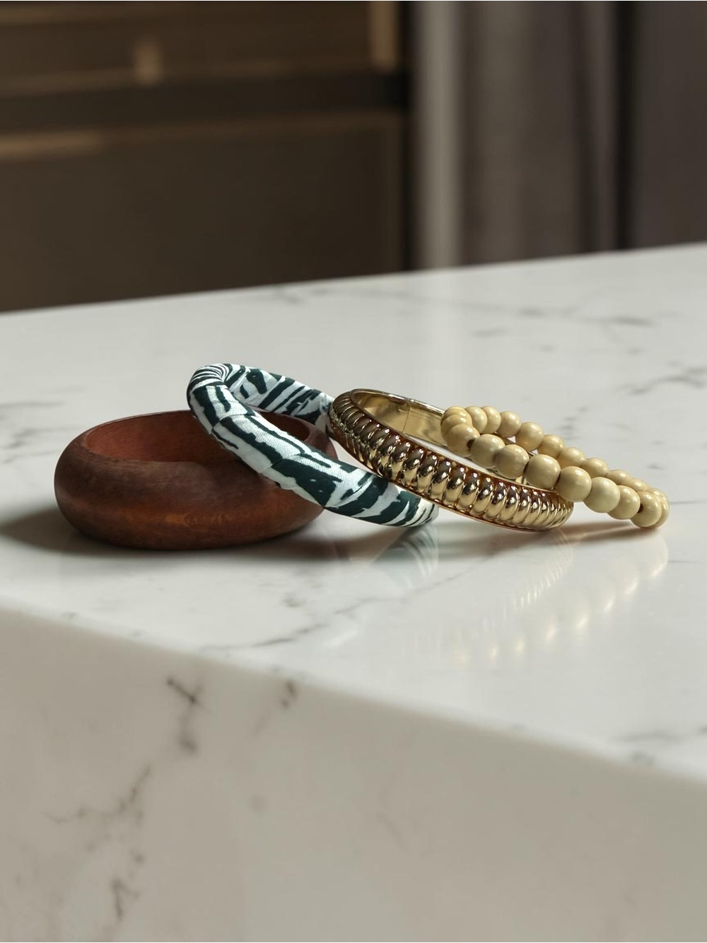 Plunder Wood, Zebra-Print, Gold & Cream Bangle Set